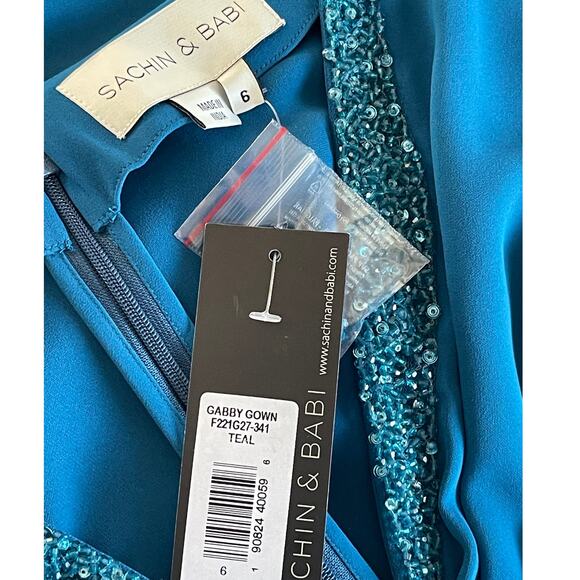Sachin & Babi Womens Size 6 Teal Gabby V Neck Long Sleeve Beaded Maxi Gown NWT - Picture 10 of 14